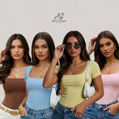 KIT COM 4 BLUSINHAS BABY LOOK COM FORRO DUPLO FRONTAL E DECOTE QUADRADO  Simples    Nenhum    Férias  Praia