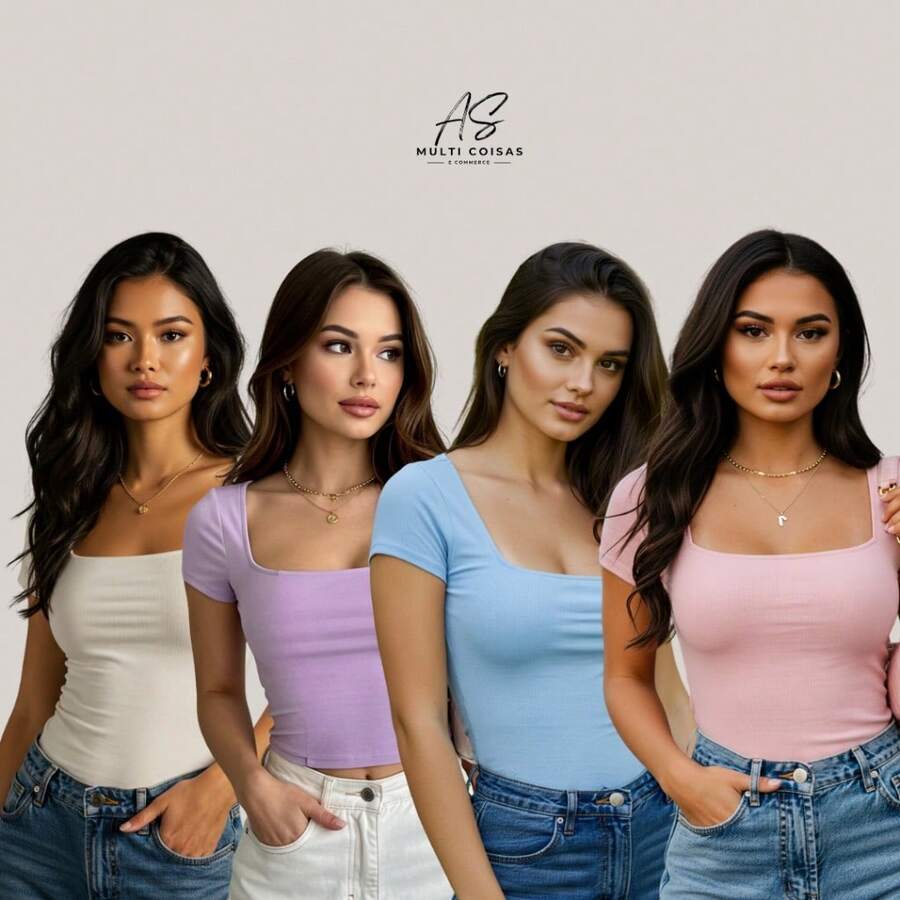 Set Of 4 Baby Look Blouses With Double Front Lining And Square Neckline. Simple. None. Vacation. Beach. - 粉紅色/淡紫色/藍色/暗色 - 查看 1