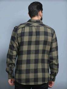 Men's Long-Sleeved Plaid Flannel Dress Shirt, Regular Fit, Buttons Down The Front, With Pocket. - xanh quân đội - Xem 2