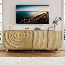 TV Stand With 2 Storage Cabinet For Living Room, Large Entertainment Center With Wave-Patterned Design, Console Table With Ajustable Shelf For 55"-75" TV For Furniture Set-Wood - Màu Khaki - Xem 2