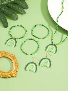 Conjunto de joyas hechas a mano para el Día de San Patricio, accesorios casuales para fiestas con arcoíris de acrílico y trébol de dibujos animados - Multicolor - Ver 6