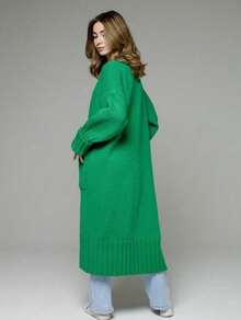 Large Size Sweater Women Loose Long Roll Sleeve Knitted Cardigan Casual Coat - màu xanh lá - Xem 2
