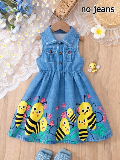 [Non-Denim] Young Girl's Fashion Casual Denim-Like Cartoon Animal & Floral Print Sleeveless Front Button Lapel A-Line Dress, Suitable For Daily, Home, Outdoor Wear, Spring/Summer, Girls