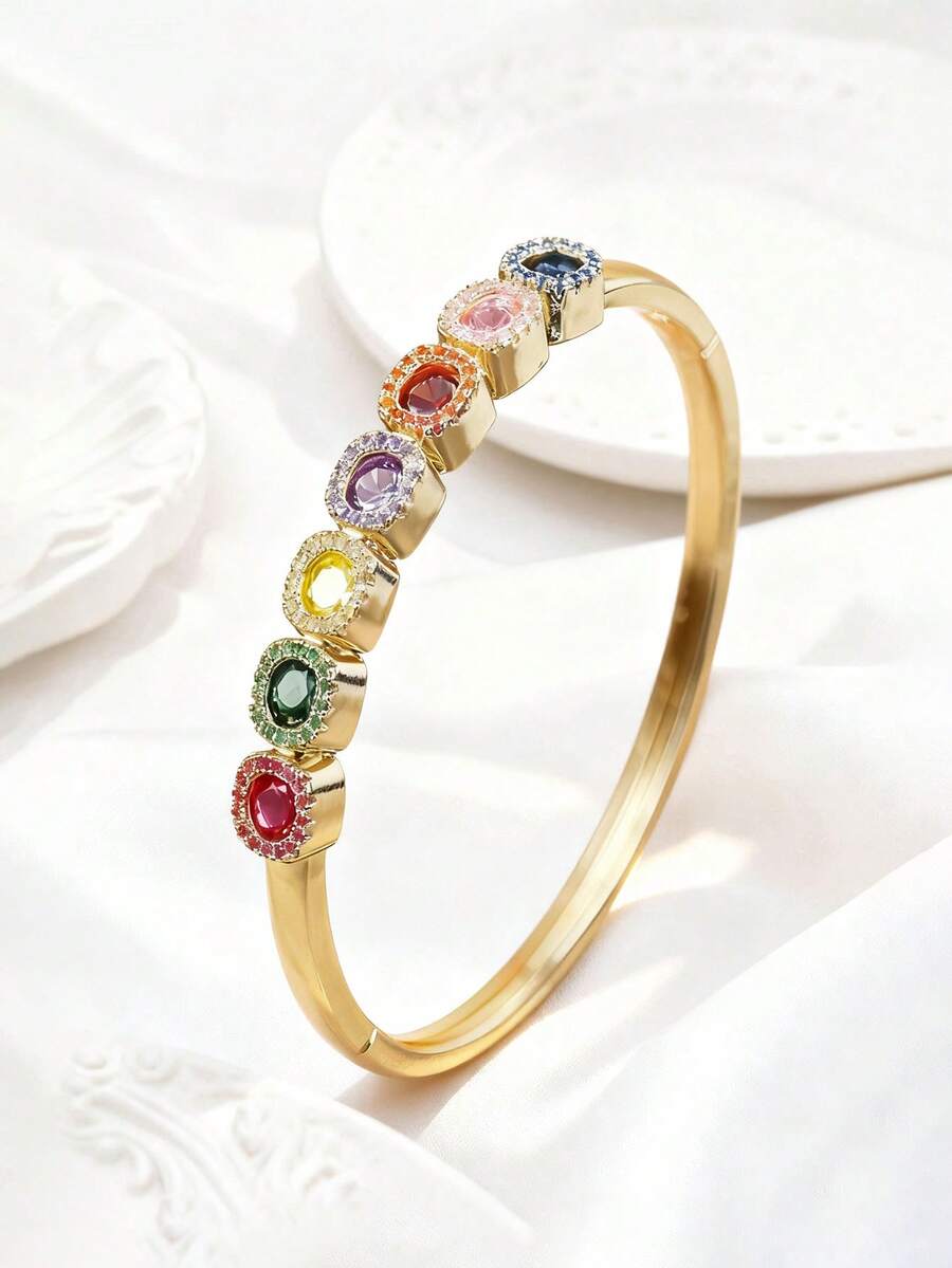 1pc 18K Gold Plated Bracelet With Lab-Grown Gemstones, Suitable For Carnival, Theme Parties, Vibrant And Eye-Catching; Can Be Given To Best Friends During Carnival, Lively And Matching The Festive Atmosphere Of Western Holidays. - Gold - View 1