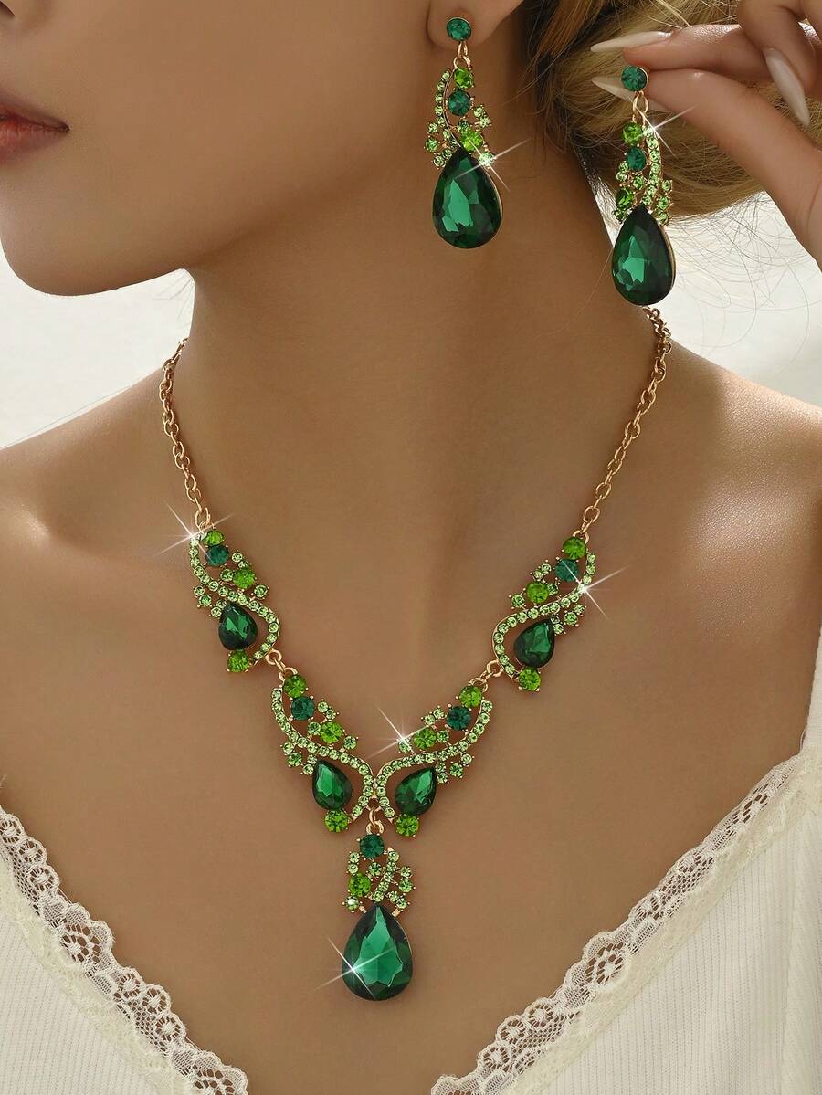 3pcs Women's Alloy Rhinestone Glass Jewelry Set, Including 1 Pair Earrings And 1 Necklace, Suitable For Weddings, Parties And Gifts - Green - View 1