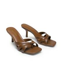 Women Crisscross Strap Kitten Heeled Sandals Fashionable Casual Slip-On High Heel Mules Comfortable Party Wedding Dress Shoes - màu nâu - Xem 7