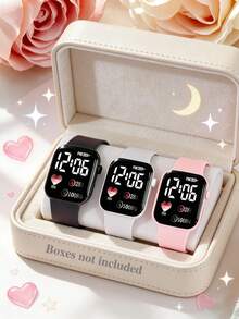 3pcs Casual Cute Square Silicone Watch Set, Heart Shaped Luminous Decor, Silicone Strap, Non-Rechargeable Battery, Suitable For Daily, Party, Back To School, Birthday, Valentine's Day Gift - Multicolor - View 8
