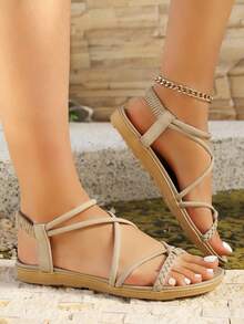 女士优雅舒适条纹人字拖凉鞋，平底沙滩度假鞋，大码，黑色 - 卡其色 - 查看 5