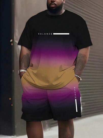 Plus size herrset med sportt-shirt och shorts, avslappnad sport, ombre-tryck, rund hals, stickat tyg, blandat med spandex, lätt stretchig, normal passform, 150 g/m² - Modernt sommarset, bekvämt att bära
