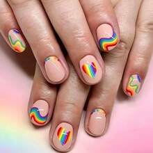 Wearable Rainbow Striped Nail Stickers, Cute And Fresh Heart-Shaped False Nails, 24 Pieces, Removable Nail Tips. - 1 - 查看 6