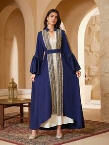 2pcs Middle Eastern Beaded Embroidered Abaya Dress Set, Fashionable Women Clothing With Puff Sleeves - Blue - View 5