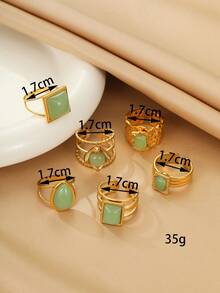 Bộ 6 chiếc nhẫn thép không gỉ mạ vàng kiểu cổ điển, đính đá nhựa màu xanh lá cây, thích hợp cho nữ hoặc làm quà tặng. - Vàng - Xem 2