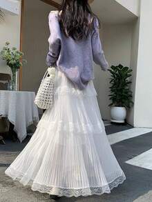 2026 Women's Spring/Summer New High Waist Slimming Lace & Mesh Patchwork Pleated A-Line Skirt With Draping Effect White - White - View 6