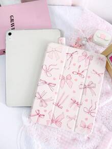 1pc Cute Pink Bowknot Painted Tablet Case, Compatible With IPad 10th/11th/10.2/10.5/Air4/Air5/10.9/Pro11/Air 11-In.(M2)-2024/Pro 11-In.(M4)-2024/IPad Air 11-Inch (M3) 2025/IPad (A16) 11 Inch 11th Generation 2025, Mini6/Mini7/Air1/Air2/9.7, Tab A8 10.5 Inch 2022, Includes Pen Slot, Tri-Fold Stand, Magnetic Sleep/Wake, Adorable/Elegant/Creative - Multicolor - View 2