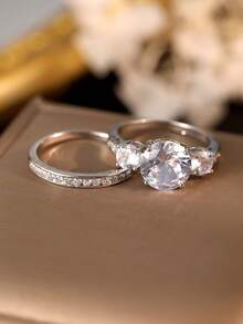 2pcs/Set Luxury Cubic Zirconia Ring Set, Sparkling Engagement Rings, High-End Women's Rings For Wedding, Party, Made Of Copper, Great Gift For Birthday, Valentine's Day - Silver - View 7