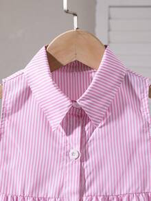 女婴夏季新款条纹无袖翻领纽扣休闲衬衫裙，粉色条纹多层荷叶边裙 - 粉色 - 查看 3