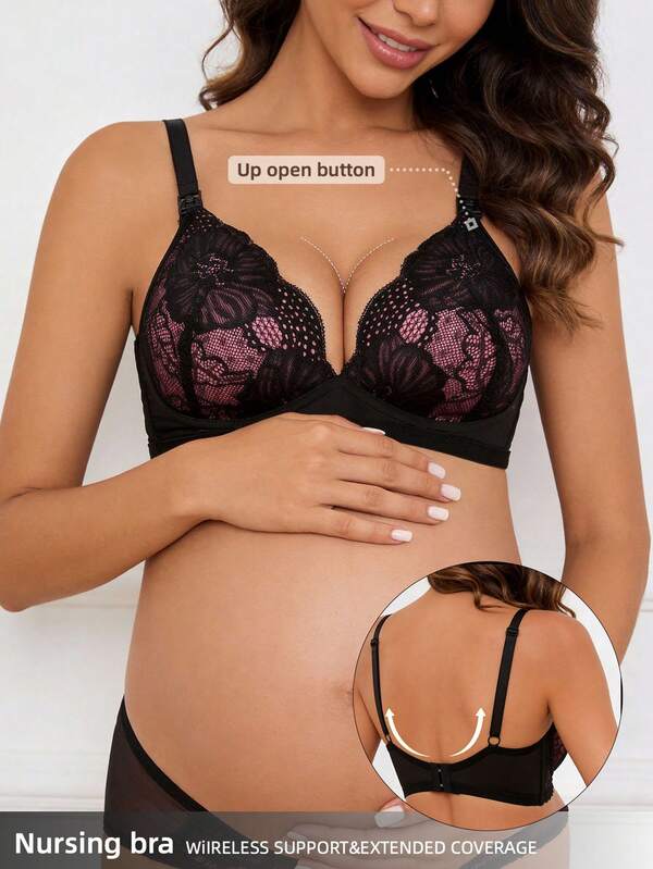 Maternity Lace Patchwork Contrast Color Adjustable Strap Back Clasp Nursing Lingerie Bra