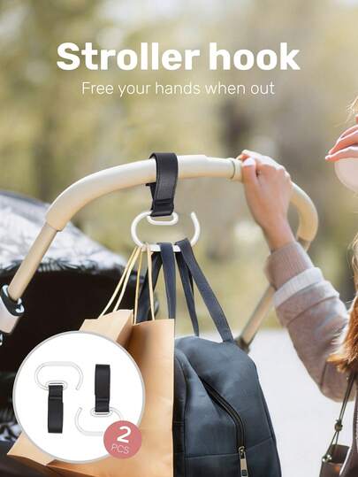 2pcs Black Ultra-Fine Fiber Leather & Silver Aluminum Alloy Hook With Hook And Loop, Easy To Wear, Large C-Shaped Bag Hook For Shopping And Travel, Universal High-Load Stroller Hook Accessory, Suitable For Parents Daily Childcare, Commuting, Family Outings And Travel, Great Gift For New Parents