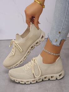 1 Pair Thick Sole Elevated Soft Sole Sneakers, Spring/Autumn New Mesh Casual Shoes - Apricot - View 2