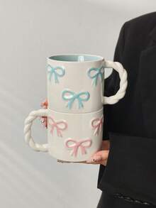 1 件创意 3D 蝴蝶结形陶瓷杯，带编织手柄，高品质咖啡/牛奶杯，可微波炉加热，送给女朋友的完美礼物，可爱的少女粉色水杯 - 彩色 - 查看 5