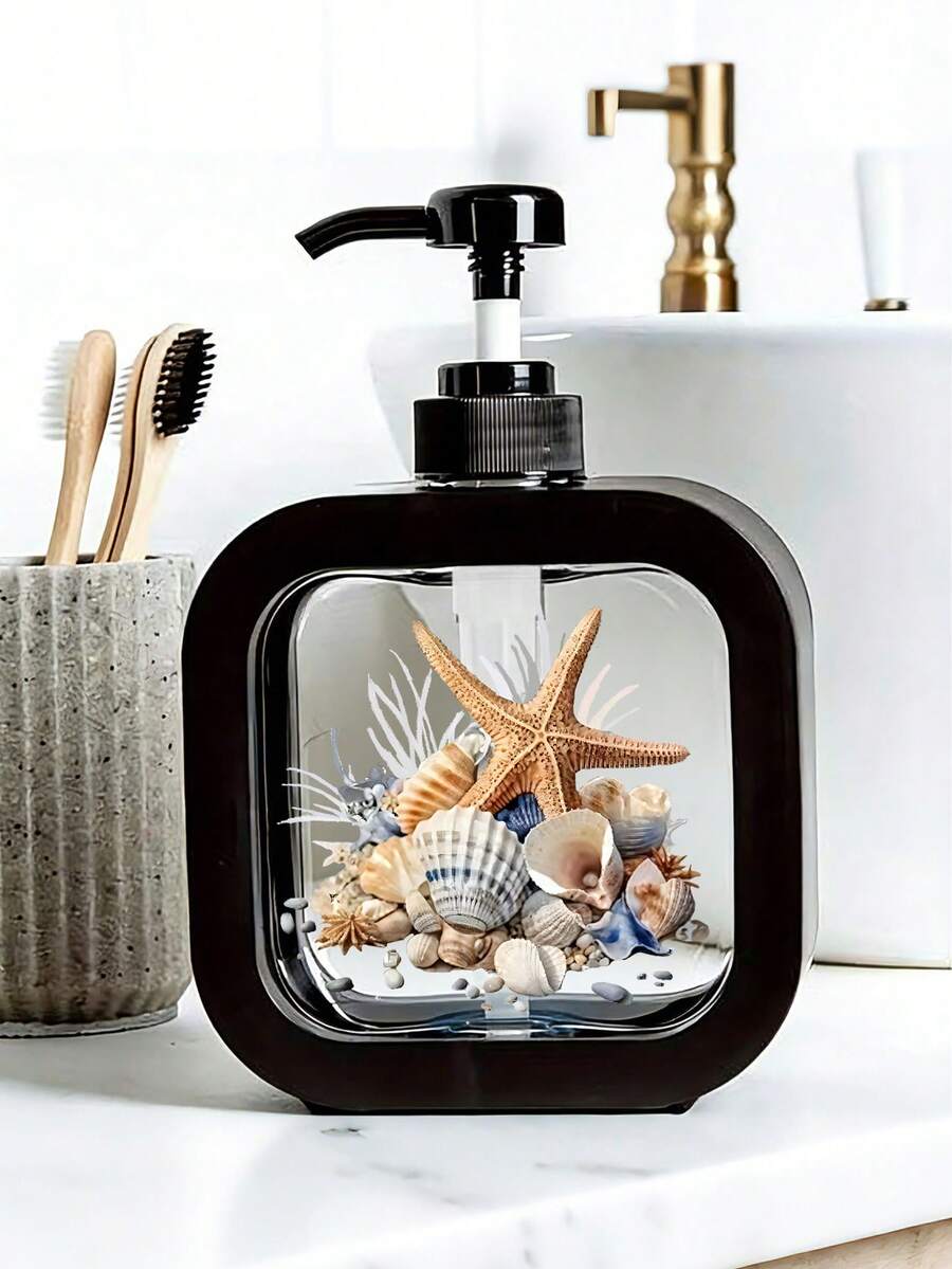 创意浴室洗手液瓶，配有手动泵，以海洋生物为主题，饰以蓝绿色海星、贝壳、鹅卵石和气泡等艺术图案，营造清新水彩美感，适用于浴室、厨房、洗手池等场所，可用于盛装洗手液、沐浴露和其他乳液。创意乳液瓶，乳液分配器，浴室配件。