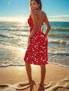 Áo khoác ngoài không tay cổ lệch, chất liệu vải dệt kim, kiểu dáng bohemian giản dị, thích hợp mặc đi biển, nhẹ và co giãn. - Đỏ - Xem 2