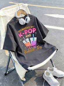 Tween Girl "Boba Tea & K-POP" Graphic Sweatshirt, Fashion Top For Girls, Suitable For Casual, School, Street Wear, Perfect For K-POP Loving Fashionistas - Dark Grey - View 5
