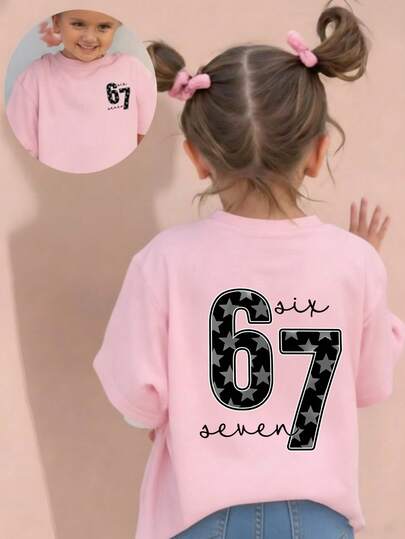 Young Girl Star Element Six Seven 67 Cartoon Print T-Shirt, Fashionable And Versatile Casual Top, Suitable For Girls' Daily Casual Wear