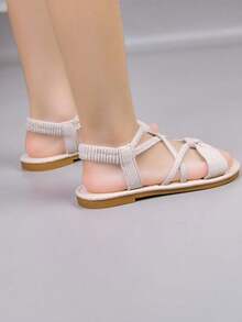 1双女童简约设计平底凉鞋，耐磨防滑儿童沙滩鞋，罗马风格，适合夏季，幼儿/大童 - 米色 - 查看 7