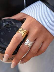 Frminee 2pcs/1pc Chunky Intersecting Gold-Plated Stainless Steel Ring With A Twisted, Stacked Design. A Women's Jewelry Ring Suitable For Everyday Wear And Special Occasions. - Multicolor - View 1