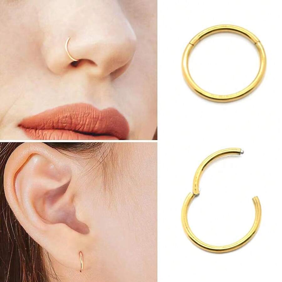 1Pair 16G Nose Ring Hoop, Stainless Steel Hinged Nose Ring Septum Clicker Septum Piercing Jewelryt Tragus Helix Cartilage Daith Rook Earring Piercing Jewelry For Women Men - Gold - View 1