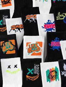 10/5 双随机黑白涂鸦嘻哈时尚儿童袜，男童袜，女童袜，春、夏、秋季皆宜。青少年休闲运动袜，街头风，防污。 - 彩色 - 查看 3