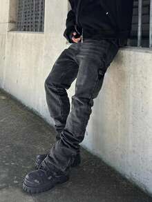 男士复古水洗黑色修身喇叭牛仔裤，美式街头风 Cleanfit