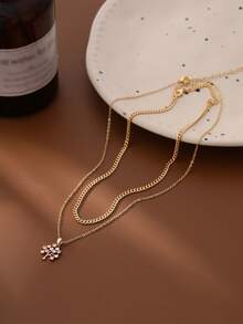 Nooxian 2pcs/Set Fashionable Minimalist Life Tree Cubic Zirconia Inlaid Pendant Layered Necklace - Yellow Gold - View 6