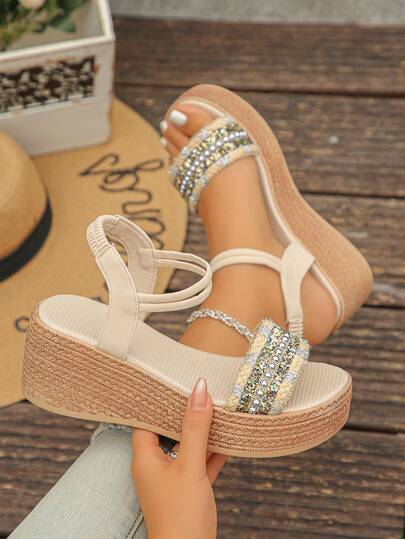 1 Pair Teens' Platform Rhinestone Slip-On Sandals, Fashionable Chunky Heel Lightweight Casual Wedge Sandals, Suitable For Summer Daily, Vacation, Beach, Travel