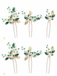 3/6 件装森林风格绿色宝石金属树叶发叉，复古优雅手工编织头饰，女士款 - 彩色 - 查看 8