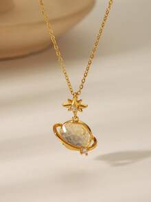 Fairy Tale Style Semi-Precious Stone Necklace, Butterfly, Cloud, Flower, Planet Pendant, Gold Delicate Chain Necklace, Everyday Sweet Outfit Accessory - Gold - View 5
