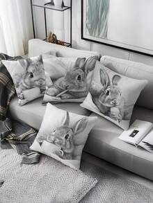 4pcs Sketch Cute Rabbit Printed Pillow Covers | 17.7x17.7in, Polyester, Machine Washable, Zipper Closure, Suitable For Living Room And Bedroom Decor - Black and White - View 3