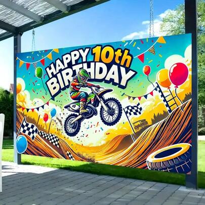 1pc Motorcycle Birthday Theme Background Cloth Banner With Happy 10th Birthday Words, Motorcycle, Black And White Flag Design, Suitable For Holiday Decoration, Live Broadcast Background Decoration, Party Decoration, Wedding, Bridal Shower, Anniversary Decoration, Courtyard, Garden, Living Room Decoration, Theme Party Decoration