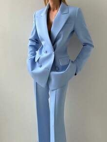 Women's Suit Suit Simple Solid Color Elegant Temperament Fashion Casual Urban Commuter Suit Set Sexy Suspender Bra Loose Drape Pants Long Sleeve Lapel Button Coat Business Etiquette Clothing Three-Piece Set - 藍色 - 查看 2