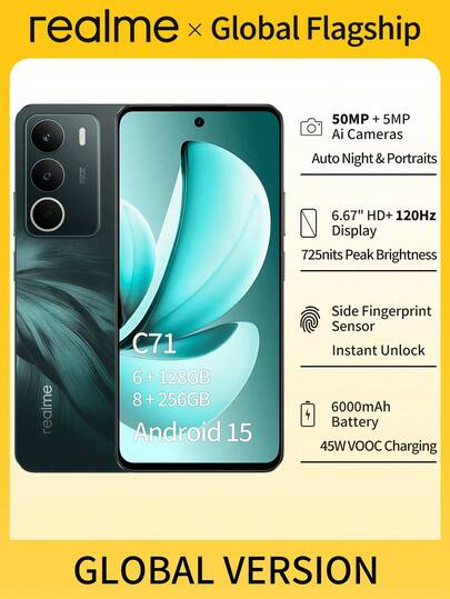 Realme C71 4G智能手机：6000mAh超大电池 | 5000万像素AI三摄 | 90Hz护眼屏 | 紫光展锐T6125八核处理器 | 最高128GB存储 | 军规级防震及日常防水 | 45W SuperVOOC超级闪充 | 高清+屏幕 | 双卡双待 | 颜色：白天鹅和森林猫头鹰 | 日常使用理想之选