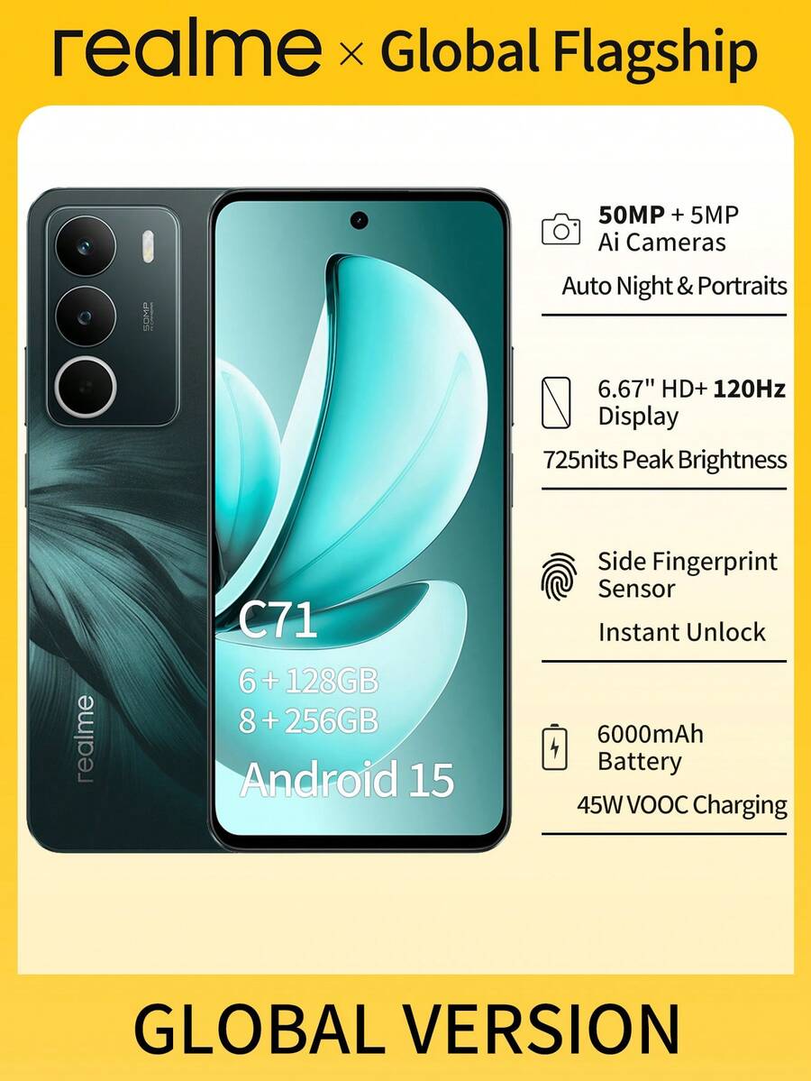 Realme C71 4G智能手机：6000mAh大电池 | 5000万像素AI三摄 | 90Hz爱眼屏 | 紫光展锐T6125八核处理器 | 最高128GB存储 | 军规级防震防水 | 45W SuperVOOC超级闪充 | 高清+屏幕 | 双卡双待 | 颜色：白天鹅和森林猫头鹰 | 适合日常使用 - 綠色 - 查看 1