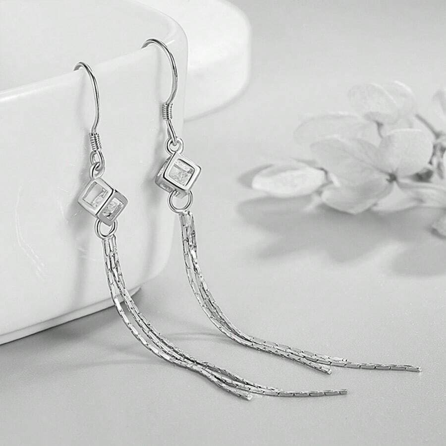 1 đôi bông tai mặt dây chuyền tua rua bằng bạc sterling 925 đính đá Cubic Zirconia thời trang và thanh lịch, thích hợp cho tiệc chiêu đãi, đám cưới, các dịp lễ hội và đeo hàng ngày. - Bạc - Xem 1