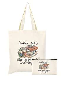 1/2件套 书迷主题创意书籍插画帆布书包，带拉链的铅笔盒套装，印有励志的“你真棒”图案，学院风帆布手提袋套装，适合返校、毕业、旅行、生日、周年纪念、教师节，以及作为感谢礼物送给同学、朋友、学生和老师。 - 米色 - 查看 32