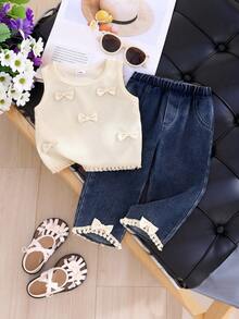 2pcs Baby Girl Bohemian Style Bowknot Ruffle Waffle Sleeveless Top And Tassel Bow Denim Long Pants Set - Apricot - View 1