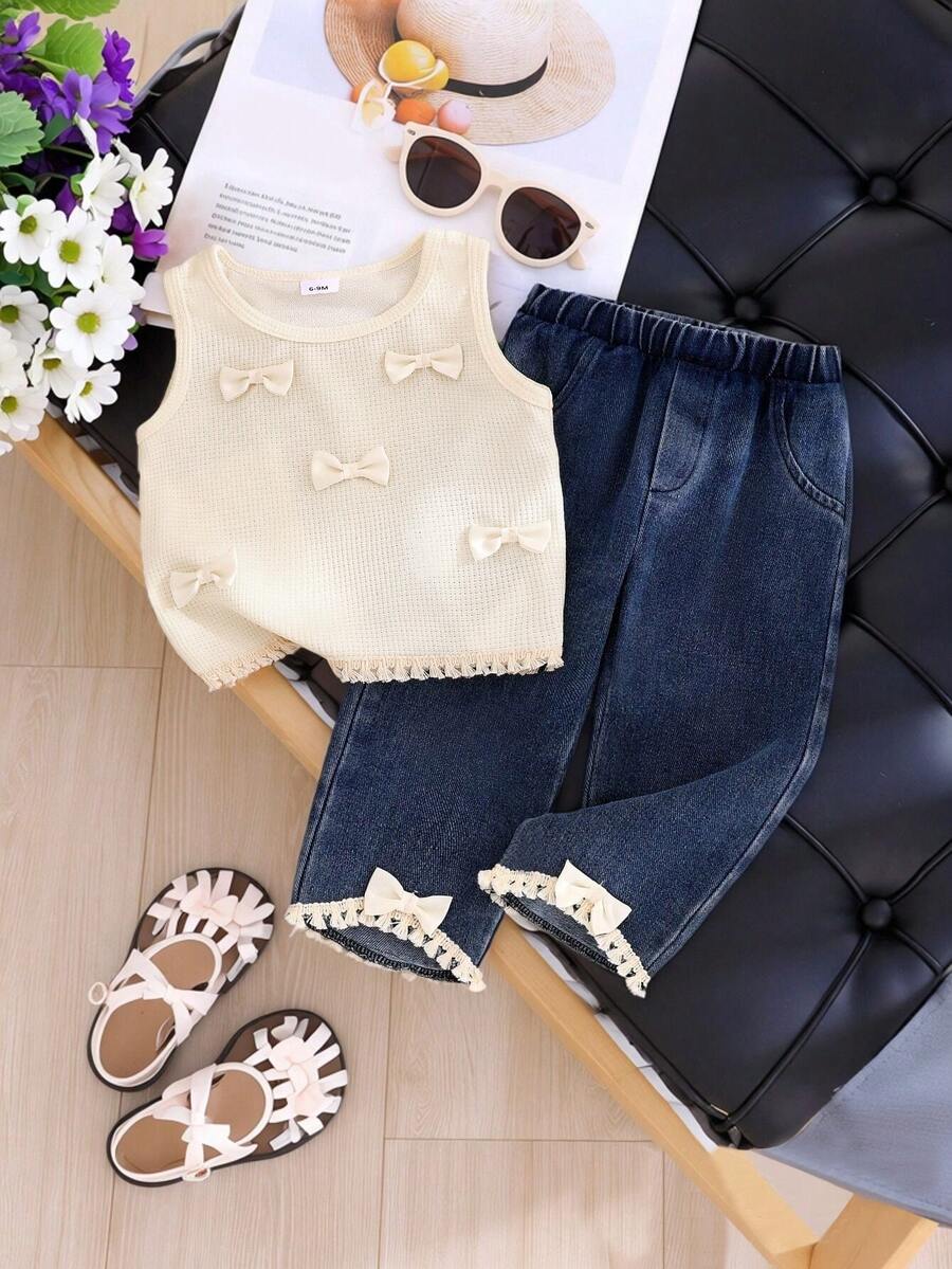 2pcs Baby Girl Bohemian Style Bowknot Ruffle Waffle Sleeveless Top And Tassel Bow Denim Long Pants Set - Apricot - View 1