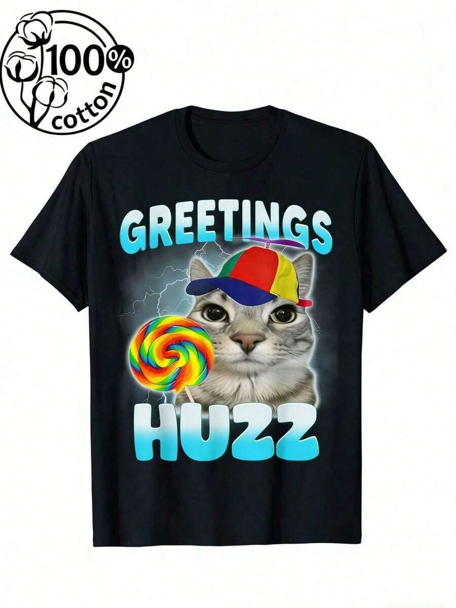 2026 Men's T-Shirt Funny Greetings Huzz T-Shirt, Humor Cat Alpha Shirt, Short Sleeve Tee For Men Women, Top Shirt Gift For Boyfriend HusbandMen's Casual Short Sleeve T-Shirt – Basic Summer Tee For Men (S-XXXL) , Vintage, Shirts, Graphic Tees, , Funny T Shirts, Graphic Tees, Western, White Graphic Teesstreetwear,Y2k - 黑色 - 查看 1
