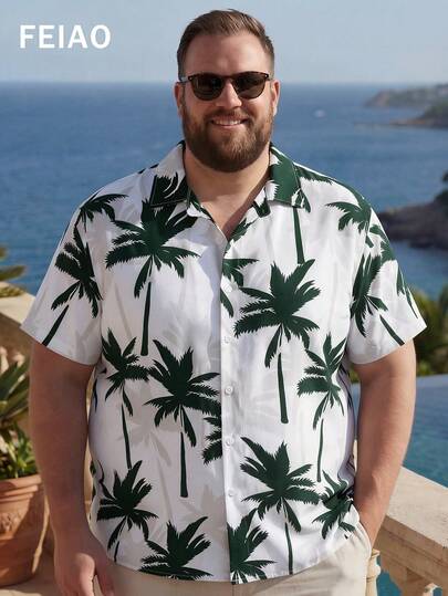 FEIAO Men's Vintage Old Money Style Asymmetric Digital Print Summer Short-Sleeve Shirt Lightweight, Fashionable, Casual, Versatile