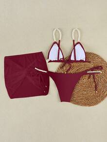 Bộ bikini gợi cảm màu đỏ tía đính hạt cườm, dây đeo, họa tiết hoa, kiểu dáng nghỉ dưỡng 2026, thích hợp cho bãi biển, mùa hè, mùa xuân, hoàn hảo cho du lịch biển, kỳ nghỉ hè, trang phục sinh nhật, đồ tập thể dục, trang phục hàng ngày thanh lịch và đồ mặc ngoài. - Màu Đỏ Sâu - Xem 4