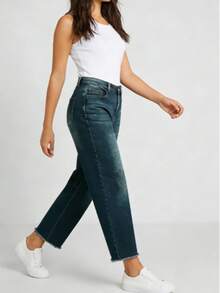 Straight Wide Leg Jeans For Women Mid Waisted Casual Raw Hem Denim Capris Pants With Pockets - 黑色 - 查看 5